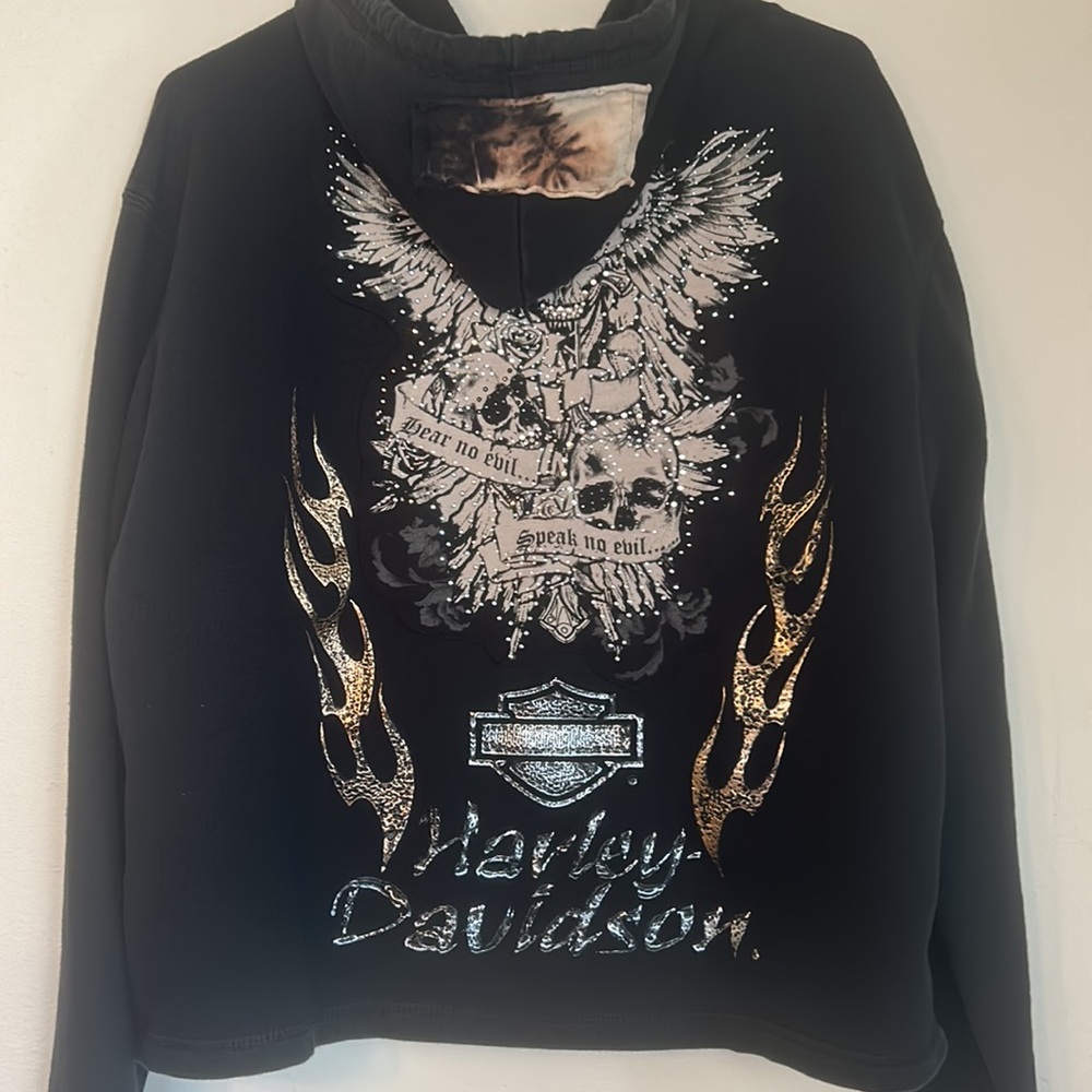 Upcycled bejeweled skull cross patched Harley Davidson motorcycle biker hoodie